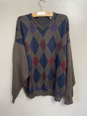 Consensus Merino‎ Wool Blend Argyle V-Neck Pullover Sweater Mens XXL Italy